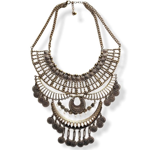 Boho Metal Statement Bib Necklace Burnished Gold Mutli-Dangle Large - Picture 3 of 7
